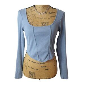 H&M Divided M Crop Top Light Blue Long Slv Ribbed Knit Square Neck Cottage Prep